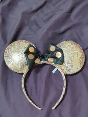 Disney Gold Sequin Minnie Ears Headband with Black Bow